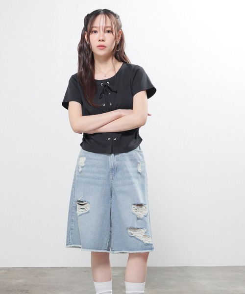 Honeys(ハニーズ)の「ダメージハーフパンツ(デニムパンツ・レディース・ブルー系その他3/ライトグレー系1/ブラック系その他・L/LL/M/S/SS)」の8枚目の写真
