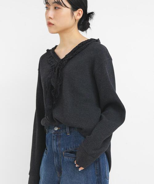 KBF（ケイビーエフ）の「レースフリルワッフルプルオーバー（Tシャツ/カットソー・レディース・オートミール/チャコールグレー・ONE）」の4枚目の写真