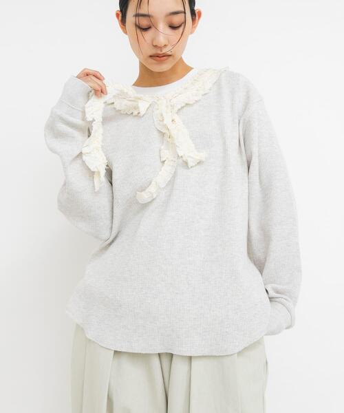 KBF（ケイビーエフ）の「レースフリルワッフルプルオーバー（Tシャツ/カットソー・レディース・オートミール/チャコールグレー・ONE）」の14枚目の写真