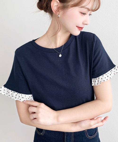 moment+(モーメントプラス)の「配色ドット袖口フリル半袖Tシャツ(Tシャツ/カットソー・レディース・ピンク/オフホワイト/オートミール/ネイビー/イエロー/ブラック・M/L)」の4枚目の写真