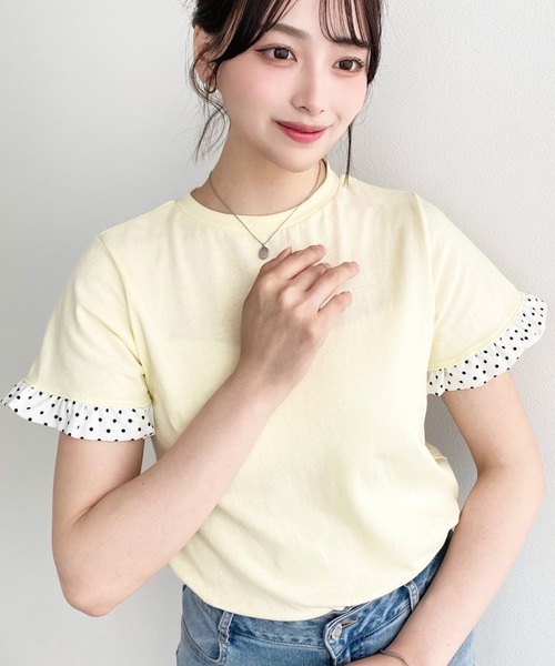 moment+(モーメントプラス)の「配色ドット袖口フリル半袖Tシャツ(Tシャツ/カットソー・レディース・ピンク/オフホワイト/オートミール/ネイビー/イエロー/ブラック・M/L)」の5枚目の写真
