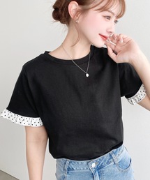 配色ドット袖口フリル半袖Tシャツ