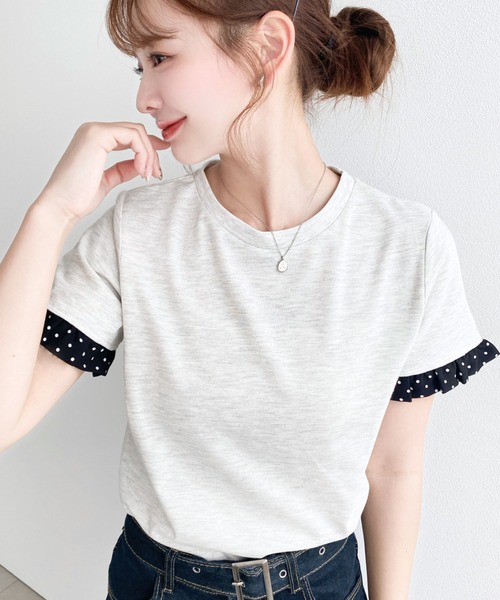 moment+(モーメントプラス)の「配色ドット袖口フリル半袖Tシャツ(Tシャツ/カットソー・レディース・ピンク/オフホワイト/オートミール/ネイビー/イエロー/ブラック・M/L)」の16枚目の写真