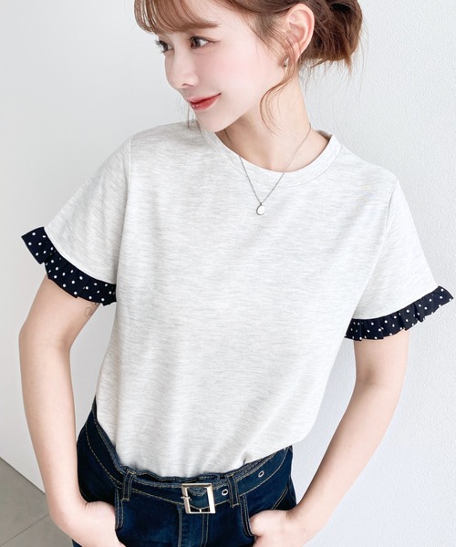 moment+(モーメントプラス)の「配色ドット袖口フリル半袖Tシャツ(Tシャツ/カットソー・レディース・ピンク/オフホワイト/オートミール/ネイビー/イエロー/ブラック・M/L)」の18枚目の写真