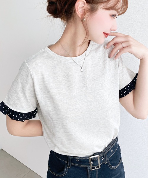 moment+(モーメントプラス)の「配色ドット袖口フリル半袖Tシャツ(Tシャツ/カットソー・レディース・ピンク/オフホワイト/オートミール/ネイビー/イエロー/ブラック・M/L)」の19枚目の写真