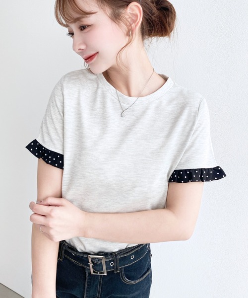 moment+(モーメントプラス)の「配色ドット袖口フリル半袖Tシャツ(Tシャツ/カットソー・レディース・ピンク/オフホワイト/オートミール/ネイビー/イエロー/ブラック・M/L)」の20枚目の写真