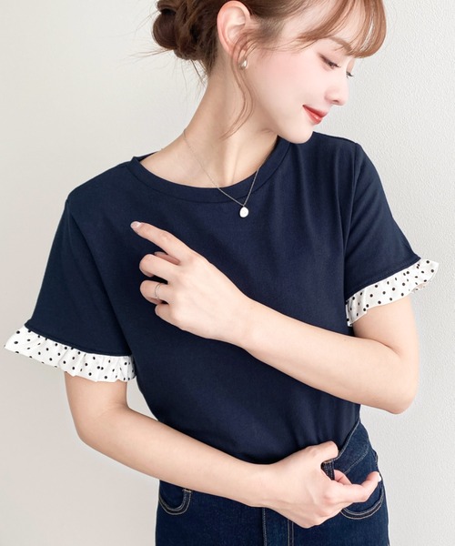 moment+(モーメントプラス)の「配色ドット袖口フリル半袖Tシャツ(Tシャツ/カットソー・レディース・ピンク/オフホワイト/オートミール/ネイビー/イエロー/ブラック・M/L)」の22枚目の写真