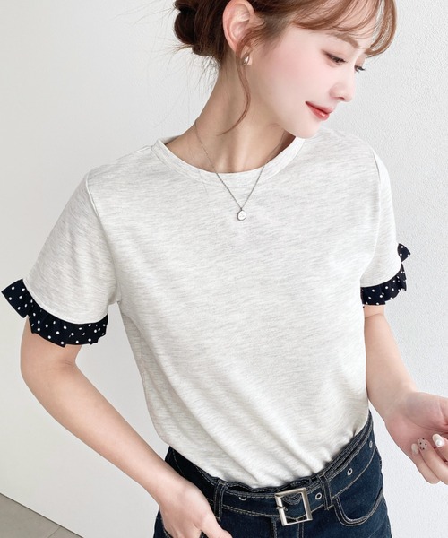 moment+(モーメントプラス)の「配色ドット袖口フリル半袖Tシャツ(Tシャツ/カットソー・レディース・ピンク/オフホワイト/オートミール/ネイビー/イエロー/ブラック・M/L)」の17枚目の写真
