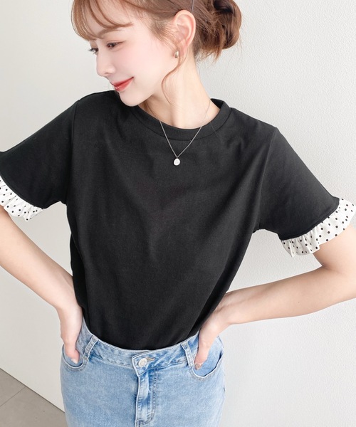 moment+(モーメントプラス)の「配色ドット袖口フリル半袖Tシャツ(Tシャツ/カットソー・レディース・ピンク/オフホワイト/オートミール/ネイビー/イエロー/ブラック・M/L)」の13枚目の写真