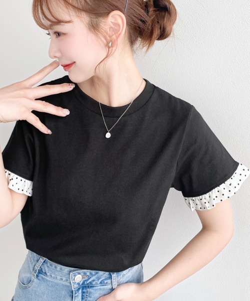 moment+(モーメントプラス)の「配色ドット袖口フリル半袖Tシャツ(Tシャツ/カットソー・レディース・ピンク/オフホワイト/オートミール/ネイビー/イエロー/ブラック・M/L)」の11枚目の写真