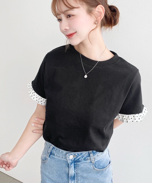 moment+(モーメントプラス)の「配色ドット袖口フリル半袖Tシャツ(Tシャツ/カットソー・レディース・ピンク/オフホワイト/オートミール/ネイビー/イエロー/ブラック・M/L)」の14枚目の写真