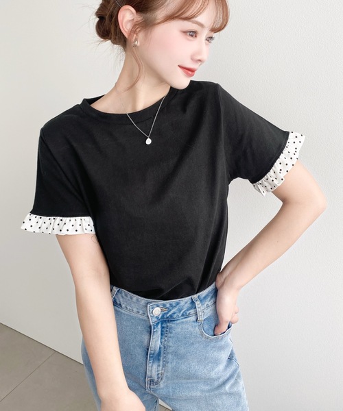 moment+(モーメントプラス)の「配色ドット袖口フリル半袖Tシャツ(Tシャツ/カットソー・レディース・ピンク/オフホワイト/オートミール/ネイビー/イエロー/ブラック・M/L)」の15枚目の写真