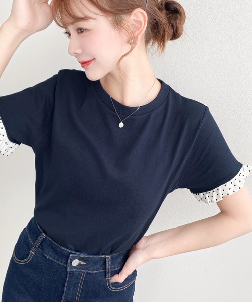 moment+(モーメントプラス)の「配色ドット袖口フリル半袖Tシャツ(Tシャツ/カットソー・レディース・ピンク/オフホワイト/オートミール/ネイビー/イエロー/ブラック・M/L)」の21枚目の写真