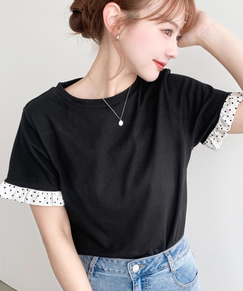 moment+(モーメントプラス)の「配色ドット袖口フリル半袖Tシャツ(Tシャツ/カットソー・レディース・ピンク/オフホワイト/オートミール/ネイビー/イエロー/ブラック・M/L)」の12枚目の写真