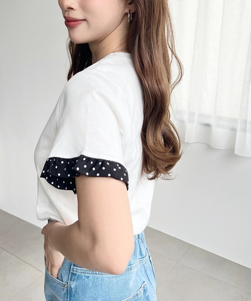 moment+(モーメントプラス)の「配色ドット袖口フリル半袖Tシャツ(Tシャツ/カットソー・レディース・ピンク/オフホワイト/オートミール/ネイビー/イエロー/ブラック・M/L)」の9枚目の写真