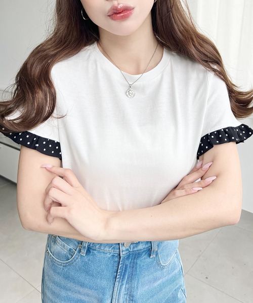 moment+(モーメントプラス)の「配色ドット袖口フリル半袖Tシャツ(Tシャツ/カットソー・レディース・ピンク/オフホワイト/オートミール/ネイビー/イエロー/ブラック・M/L)」の10枚目の写真