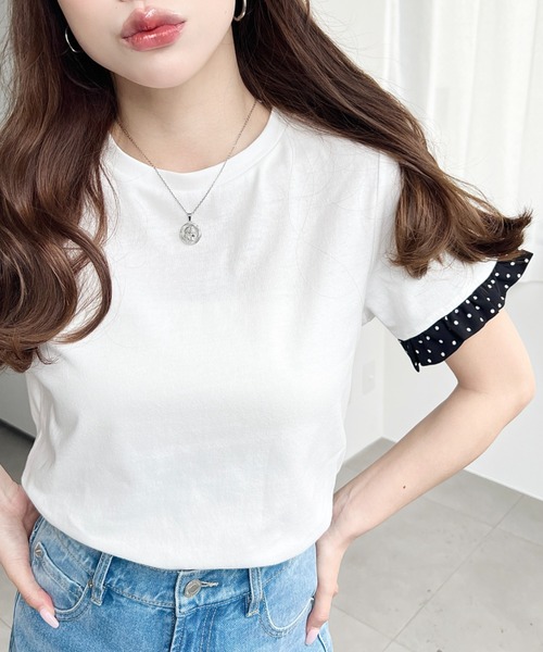 moment+(モーメントプラス)の「配色ドット袖口フリル半袖Tシャツ(Tシャツ/カットソー・レディース・ピンク/オフホワイト/オートミール/ネイビー/イエロー/ブラック・M/L)」の7枚目の写真