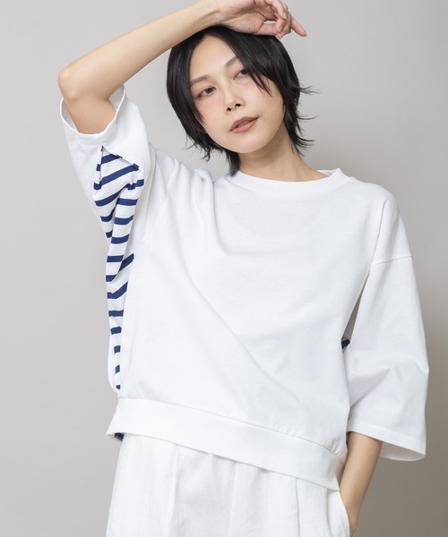 Munich(ミューニック)の「コットンジャージ×バスクボーダーTシャツ(Tシャツ/カットソー・レディース・アイボリー/ネイビー/ホワイト・FREE)」の1枚目の写真