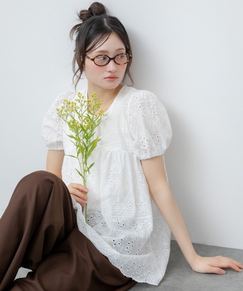 レース刺繍半袖リボンチュニックワンピース / ホワイト アイボリー