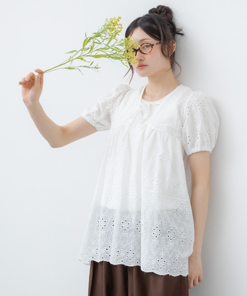 レース刺繍半袖リボンチュニックワンピース / ホワイト アイボリー