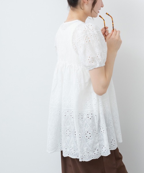 レース刺繍半袖リボンチュニックワンピース / ホワイト アイボリー