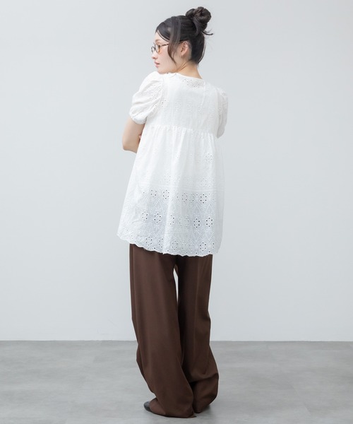 レース刺繍半袖リボンチュニックワンピース / ホワイト アイボリー