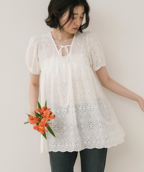 レース刺繍半袖リボンチュニックワンピース / ホワイト アイボリー