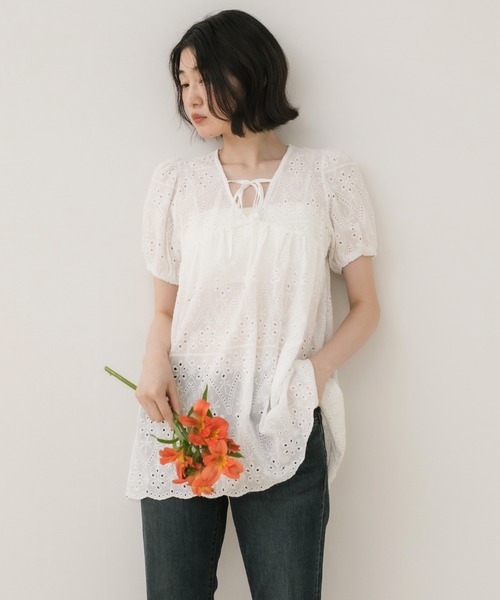 レース刺繍半袖リボンチュニックワンピース / ホワイト アイボリー