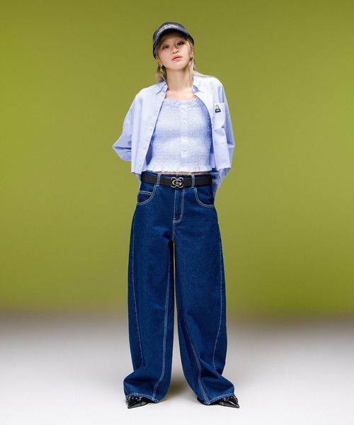 X-girl（エックスガール）の「LOGO MARK STITCHED DENIM PANTS（デニムパンツ・レディース・ピンク/ライトインディゴブルー/インディゴブルー・S/M）」の17枚目の写真