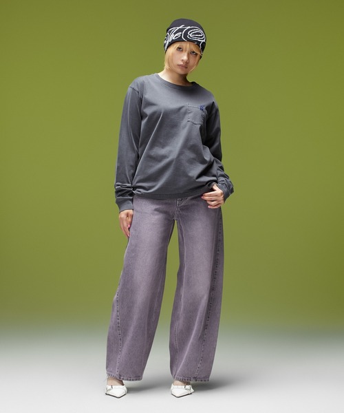 X-girl（エックスガール）の「LOGO MARK STITCHED DENIM PANTS（デニムパンツ・レディース・ピンク/ライトインディゴブルー/インディゴブルー・S/M）」の9枚目の写真