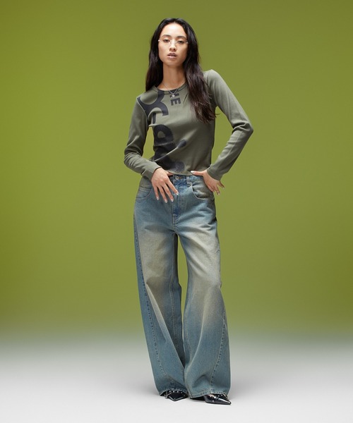 X-girl（エックスガール）の「LOGO MARK STITCHED DENIM PANTS（デニムパンツ・レディース・ピンク/ライトインディゴブルー/インディゴブルー・S/M）」の14枚目の写真