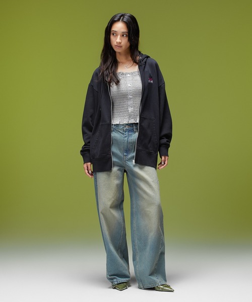 X-girl（エックスガール）の「LOGO MARK STITCHED DENIM PANTS（デニムパンツ・レディース・ピンク/ライトインディゴブルー/インディゴブルー・S/M）」の5枚目の写真