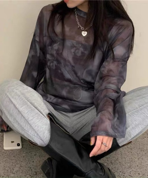 CELENA BEATS(セレナビーツ)の「タイダイ柄 シアー メッシュ ロング スリーブ トップス(Tシャツ/カットソー・レディース・ブラック・L/M/S)」の8枚目の写真