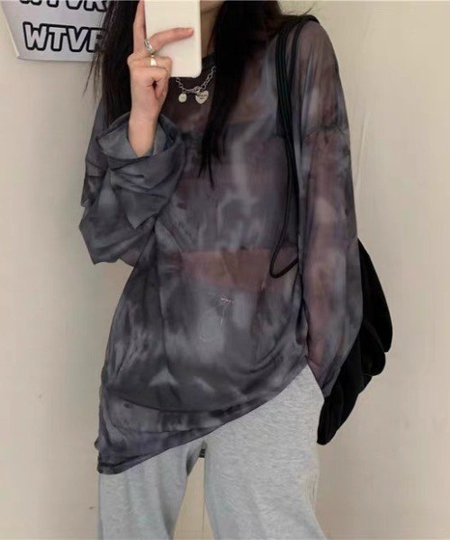 CELENA BEATS(セレナビーツ)の「タイダイ柄 シアー メッシュ ロング スリーブ トップス(Tシャツ/カットソー・レディース・ブラック・L/M/S)」の10枚目の写真