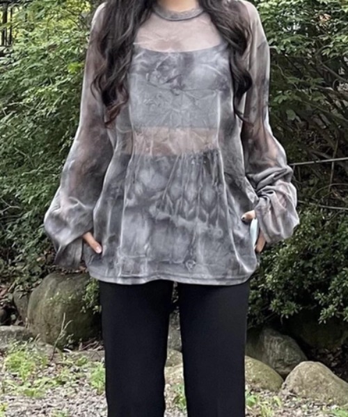 CELENA BEATS(セレナビーツ)の「タイダイ柄 シアー メッシュ ロング スリーブ トップス(Tシャツ/カットソー・レディース・ブラック・L/M/S)」の16枚目の写真