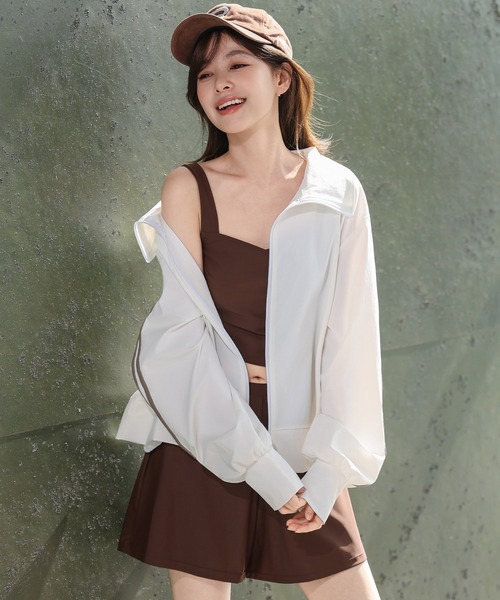 TeddyShop(テディショップ)の「【紫外線カット率99%以上/UPF50+/接触冷感/水陸両用/2WAYスタンドネック】長袖ダブルライン柄ラッシュガードブルゾン レディース(ラッシュガード・レディース・ホワイト/ブラック/ライトベージュ/チャコールグレー・L/S/M)」の13枚目の写真