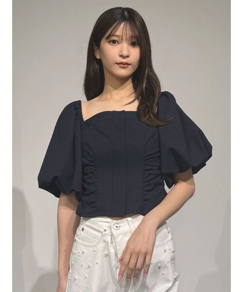 MERCURYDUO(マーキュリーデュオ)の「2WAYラメツイルオフショルベアブラウス(シャツ/ブラウス・レディース・ネイビー/オフホワイト/ピンク・FREE)」の4枚目の写真