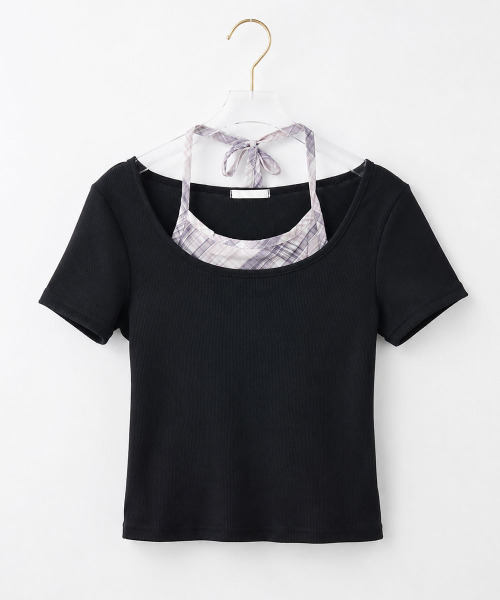 VIVID LADY(ビビッドレディー)の「チェックホルタードッキング 半袖トップス(Tシャツ/カットソー・レディース・ブラック/アイボリー・FREE)」の13枚目の写真