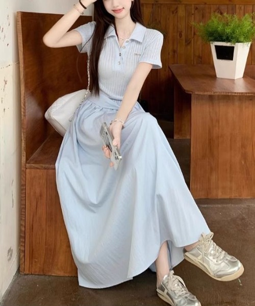 LUCPY（ラクピー）の「ストライプポロカラードッキングワンピース（ワンピース・レディース・ライトブルー・X-LARGE/LARGE/MEDIUM/SMALL）」の2枚目の写真