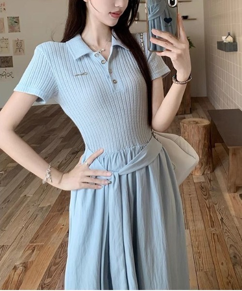 LUCPY（ラクピー）の「ストライプポロカラードッキングワンピース（ワンピース・レディース・ライトブルー・X-LARGE/LARGE/MEDIUM/SMALL）」の3枚目の写真