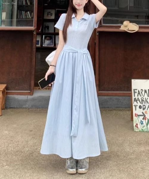 LUCPY（ラクピー）の「ストライプポロカラードッキングワンピース（ワンピース・レディース・ライトブルー・X-LARGE/LARGE/MEDIUM/SMALL）」の4枚目の写真