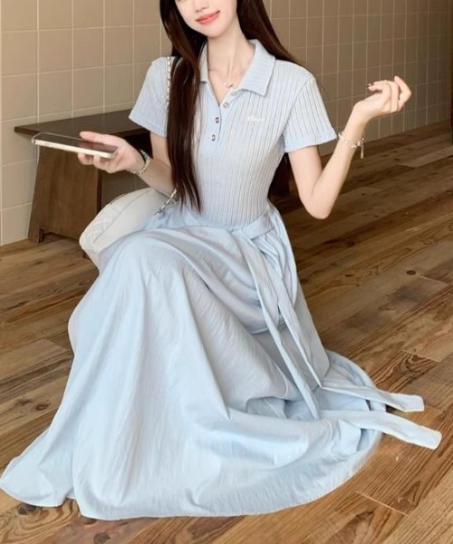 LUCPY（ラクピー）の「ストライプポロカラードッキングワンピース（ワンピース・レディース・ライトブルー・X-LARGE/LARGE/MEDIUM/SMALL）」の5枚目の写真