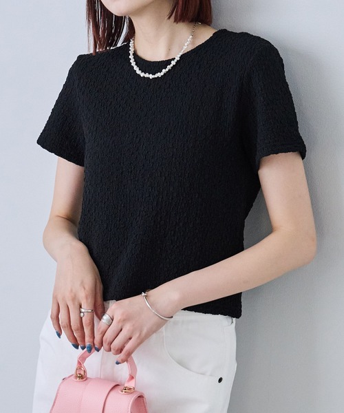 each（イーチ）の「ベロアリボンポップコーン半袖Tシャツ（Tシャツ/カットソー・レディース・ブルー/ブラック/ブラウン/アイボリー・FREE）」の2枚目の写真