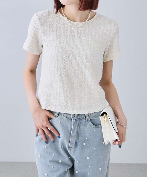 each（イーチ）の「ベロアリボンポップコーン半袖Tシャツ（Tシャツ/カットソー・レディース・ブルー/ブラック/ブラウン/アイボリー・FREE）」の5枚目の写真