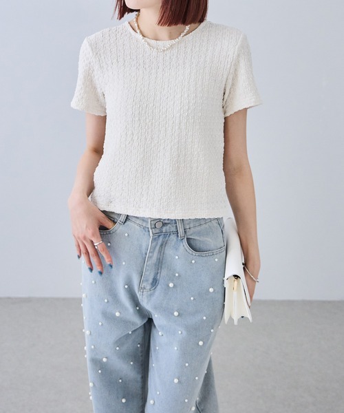 each（イーチ）の「ベロアリボンポップコーン半袖Tシャツ（Tシャツ/カットソー・レディース・ブルー/ブラック/ブラウン/アイボリー・FREE）」の6枚目の写真