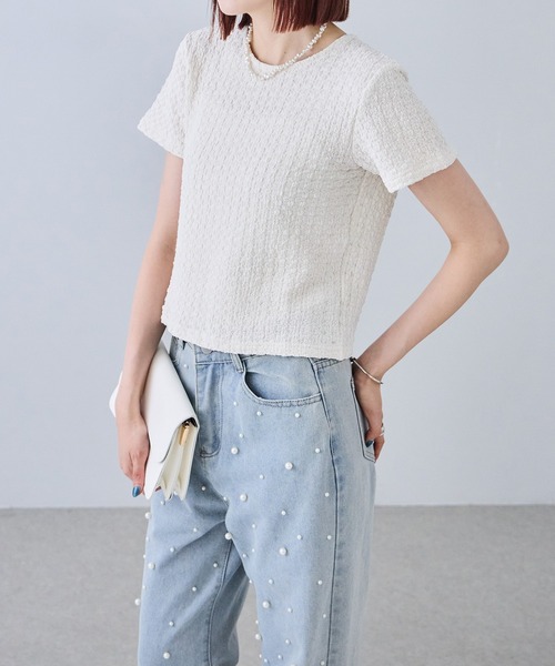 each（イーチ）の「ベロアリボンポップコーン半袖Tシャツ（Tシャツ/カットソー・レディース・ブルー/ブラック/ブラウン/アイボリー・FREE）」の7枚目の写真