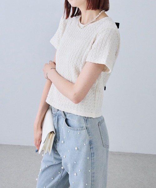 each（イーチ）の「ベロアリボンポップコーン半袖Tシャツ（Tシャツ/カットソー・レディース・ブルー/ブラック/ブラウン/アイボリー・FREE）」の8枚目の写真
