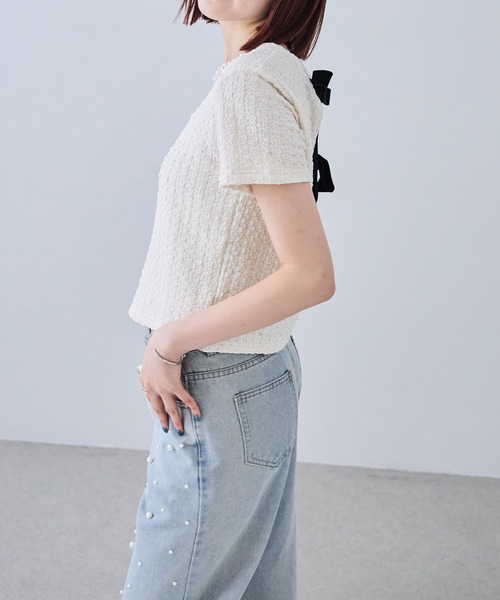 each（イーチ）の「ベロアリボンポップコーン半袖Tシャツ（Tシャツ/カットソー・レディース・ブルー/ブラック/ブラウン/アイボリー・FREE）」の9枚目の写真