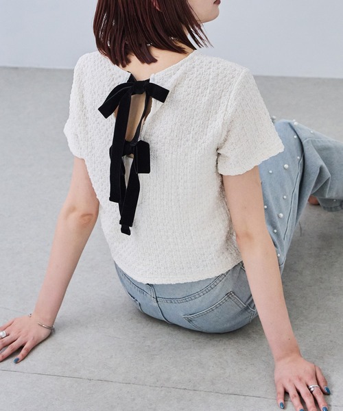 each（イーチ）の「ベロアリボンポップコーン半袖Tシャツ（Tシャツ/カットソー・レディース・ブルー/ブラック/ブラウン/アイボリー・FREE）」の11枚目の写真