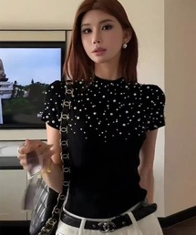【Y2Kガーリー】 パール付き ニット クルーネック 半袖